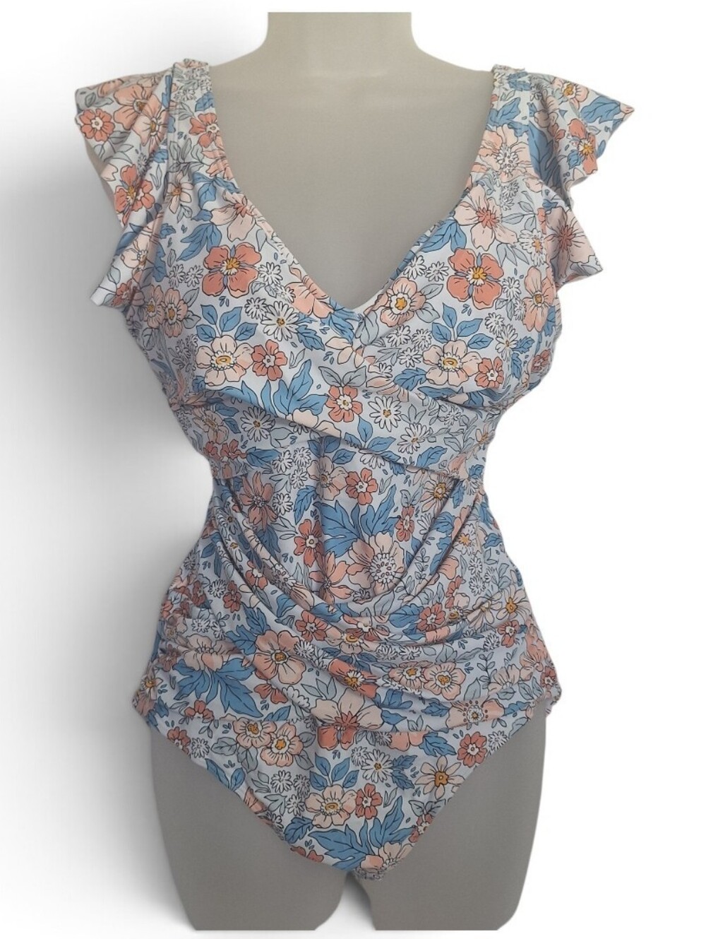 B2prity One Piece Swimsuit Flutter Sleeve Slimming Floral Medium Womens